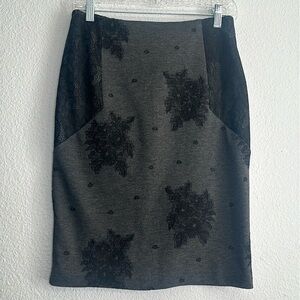 Anthropologie Maeve Grey Black Floral Lace Pencil Midi Skirt Womens Size Small